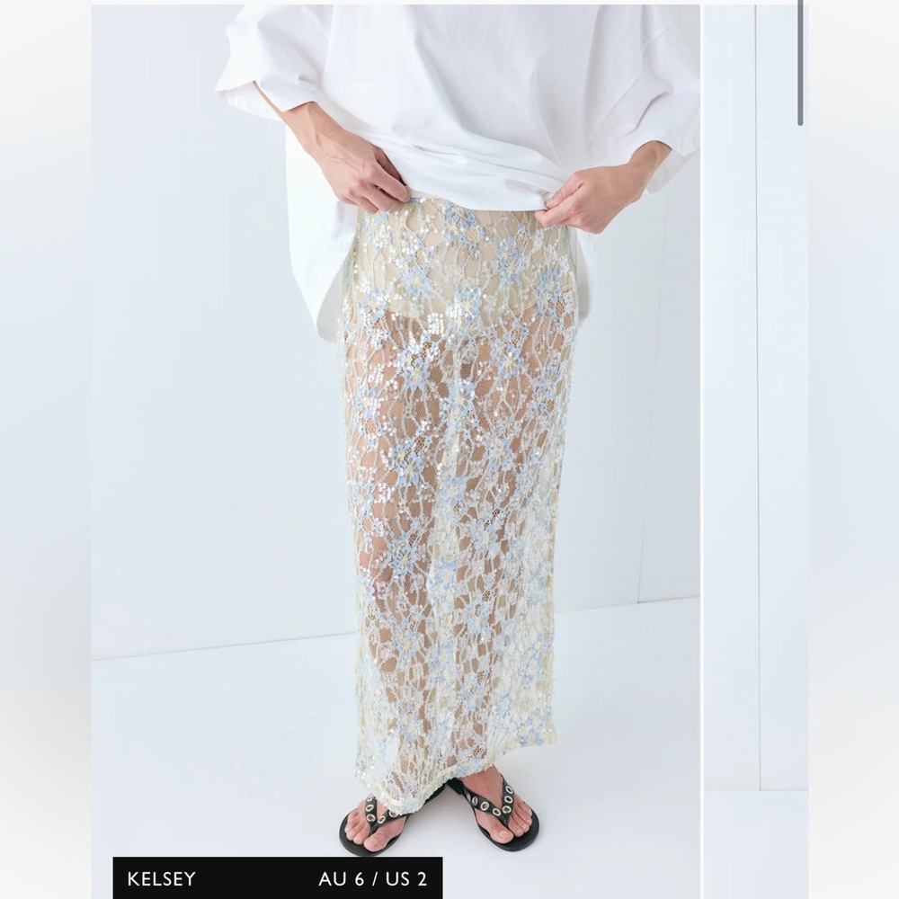 NWT! VRG GRL Devyn Sequin Midi Skirt Lace Size AU 6 Embellished Sequin Champagne - Picture 4 of 16